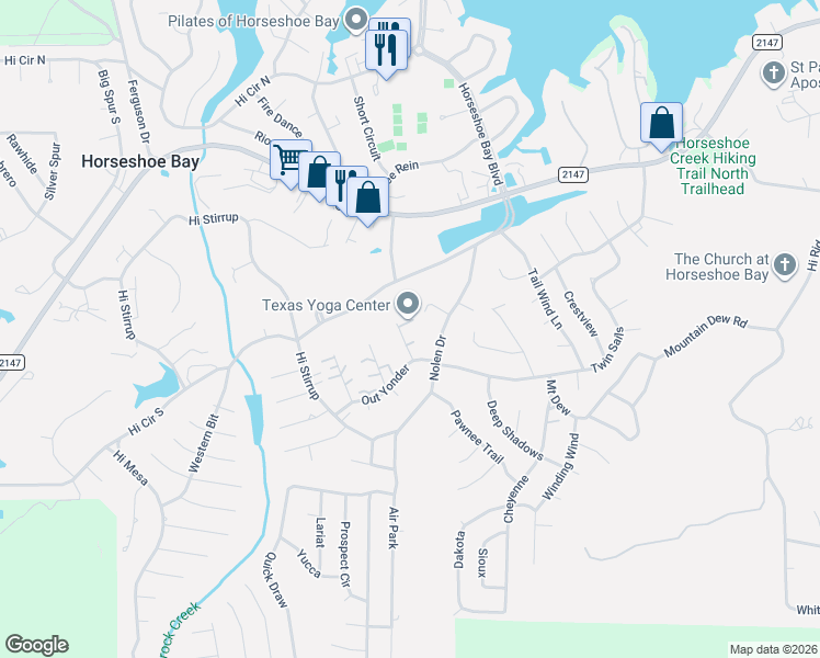 map of restaurants, bars, coffee shops, grocery stores, and more near 306 Dogie Drive in Horseshoe Bay