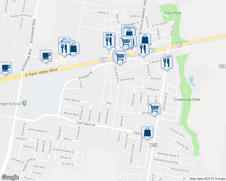 map of restaurants, bars, coffee shops, grocery stores, and more near 214 Hanstrom Drive in Hutto