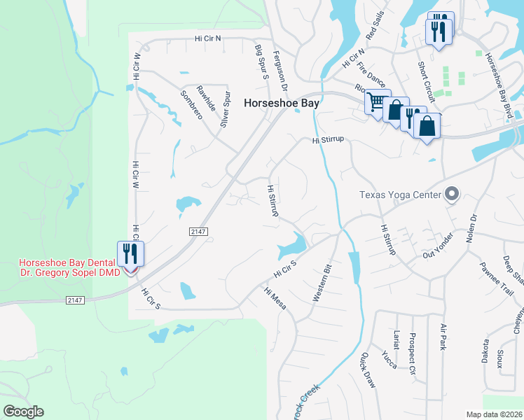 map of restaurants, bars, coffee shops, grocery stores, and more near 113 Dawn in Horseshoe Bay