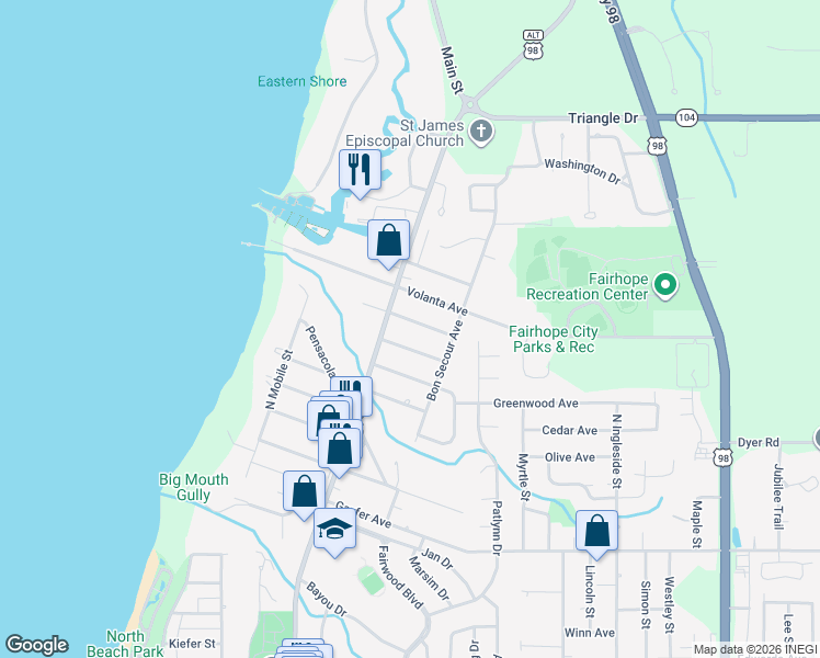 map of restaurants, bars, coffee shops, grocery stores, and more near 410 Miller Avenue in Fairhope