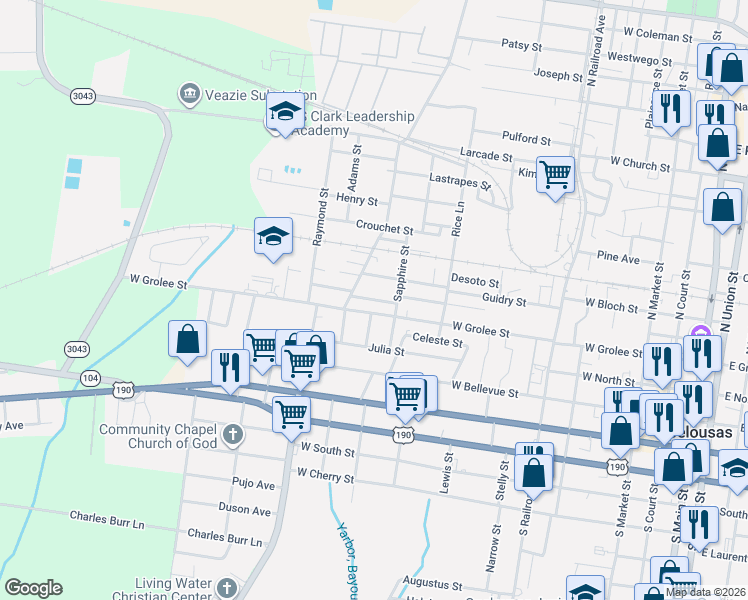 map of restaurants, bars, coffee shops, grocery stores, and more near 1298 Newman St in Opelousas