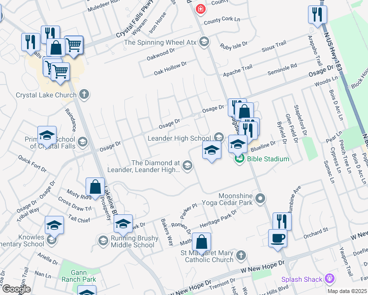 map of restaurants, bars, coffee shops, grocery stores, and more near 2806 Stirrup Cove in Leander