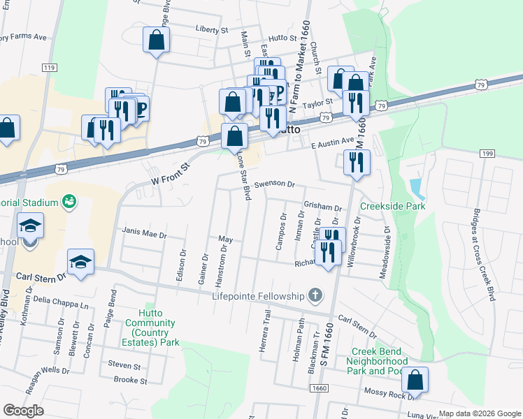 map of restaurants, bars, coffee shops, grocery stores, and more near 227 Kerley Drive in Hutto