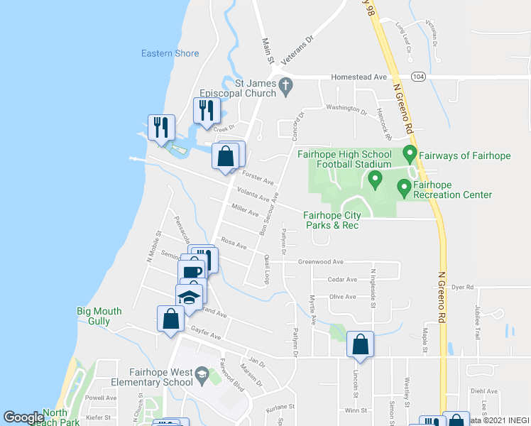 map of restaurants, bars, coffee shops, grocery stores, and more near 423 Miller Avenue in Fairhope