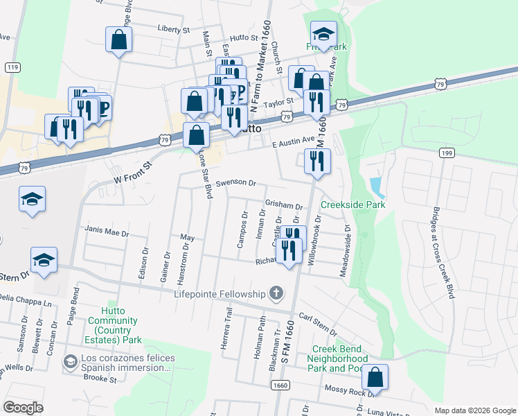 map of restaurants, bars, coffee shops, grocery stores, and more near 131 Inman Drive in Hutto