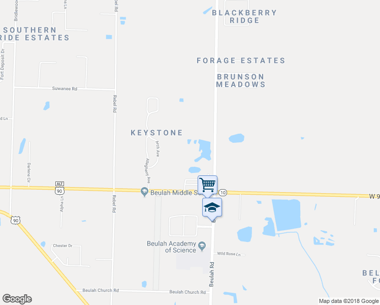 map of restaurants, bars, coffee shops, grocery stores, and more near 9655 Beulah Road in Pensacola