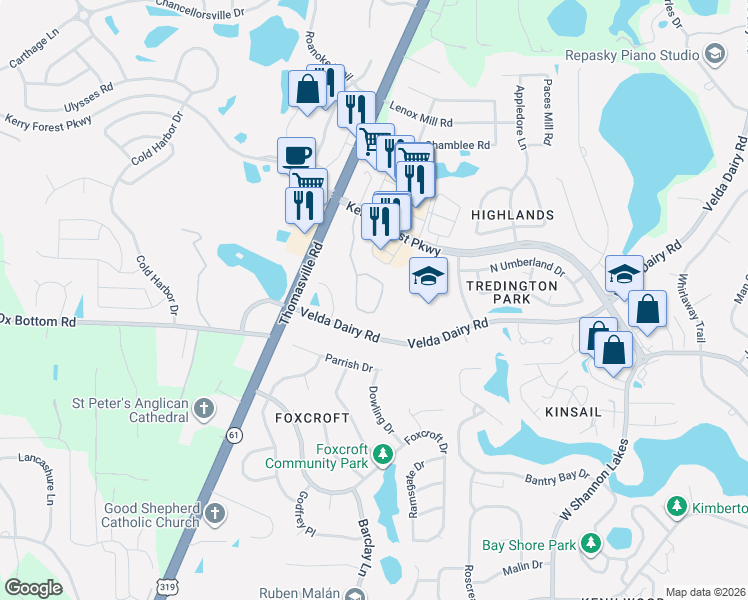 map of restaurants, bars, coffee shops, grocery stores, and more near 5303 Saint Ives Lane in Tallahassee