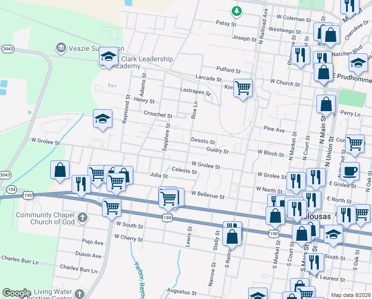 map of restaurants, bars, coffee shops, grocery stores, and more near 900-1098 Rose Ann Street in Opelousas