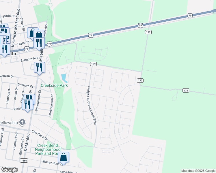 map of restaurants, bars, coffee shops, grocery stores, and more near County Road 199 in Hutto