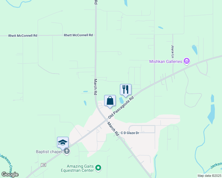 map of restaurants, bars, coffee shops, grocery stores, and more near 7305 March Road in Theodore