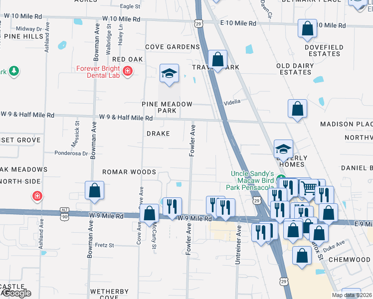 map of restaurants, bars, coffee shops, grocery stores, and more near 9700 Fowler Avenue in Pensacola