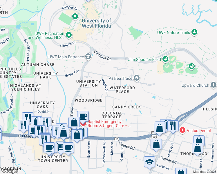 map of restaurants, bars, coffee shops, grocery stores, and more near 9822 Utopia Drive in Pensacola