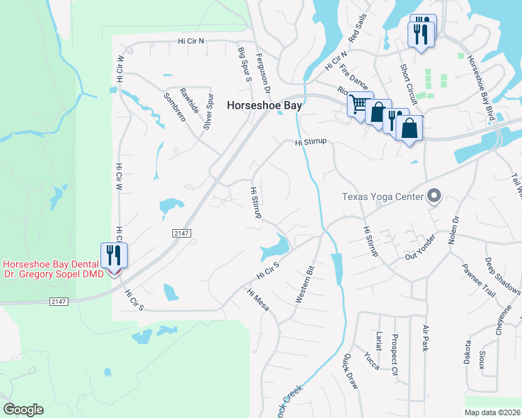 map of restaurants, bars, coffee shops, grocery stores, and more near 1215 Hi Stirrup in Horseshoe Bay
