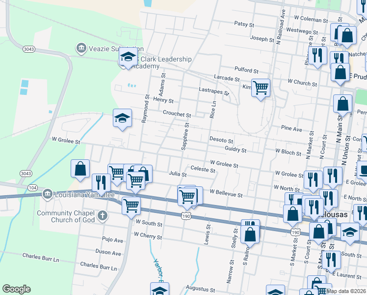 map of restaurants, bars, coffee shops, grocery stores, and more near 1098 Rose Ann St in Opelousas