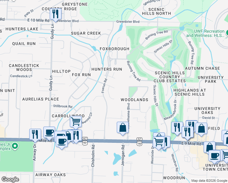 map of restaurants, bars, coffee shops, grocery stores, and more near 1305 Creek Bridge Road in Pensacola