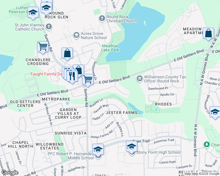 map of restaurants, bars, coffee shops, grocery stores, and more near 2471 Sunrise Road in Round Rock