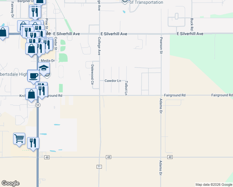 map of restaurants, bars, coffee shops, grocery stores, and more near 21525 Asher Lane in Robertsdale