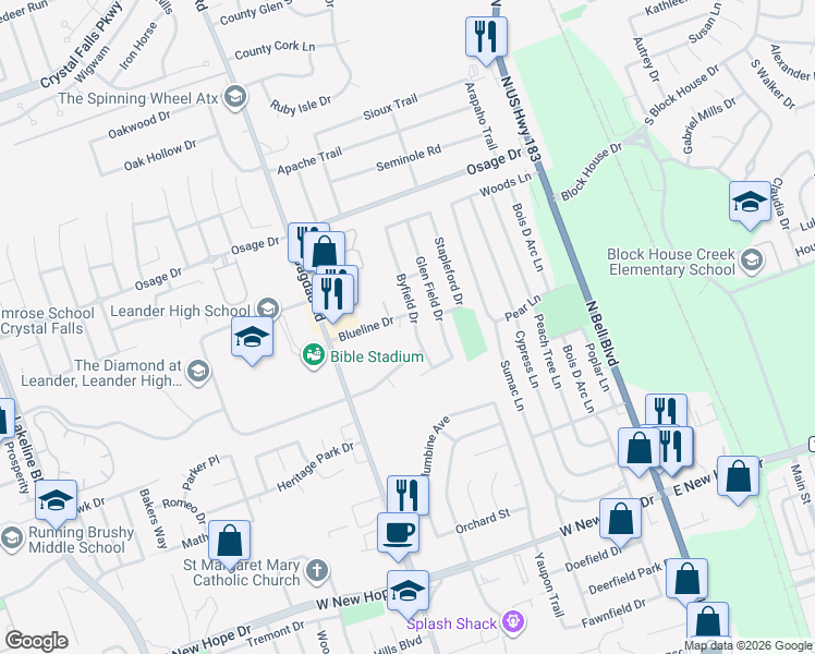 map of restaurants, bars, coffee shops, grocery stores, and more near 2421 Byfield Drive in Cedar Park