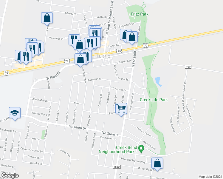 map of restaurants, bars, coffee shops, grocery stores, and more near 132 Inman Drive in Hutto