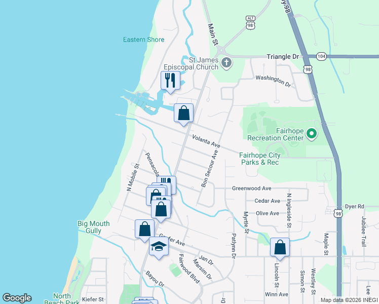 map of restaurants, bars, coffee shops, grocery stores, and more near 410 Miller Avenue in Fairhope