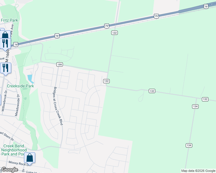 map of restaurants, bars, coffee shops, grocery stores, and more near 3799 County Road 132 in Hutto