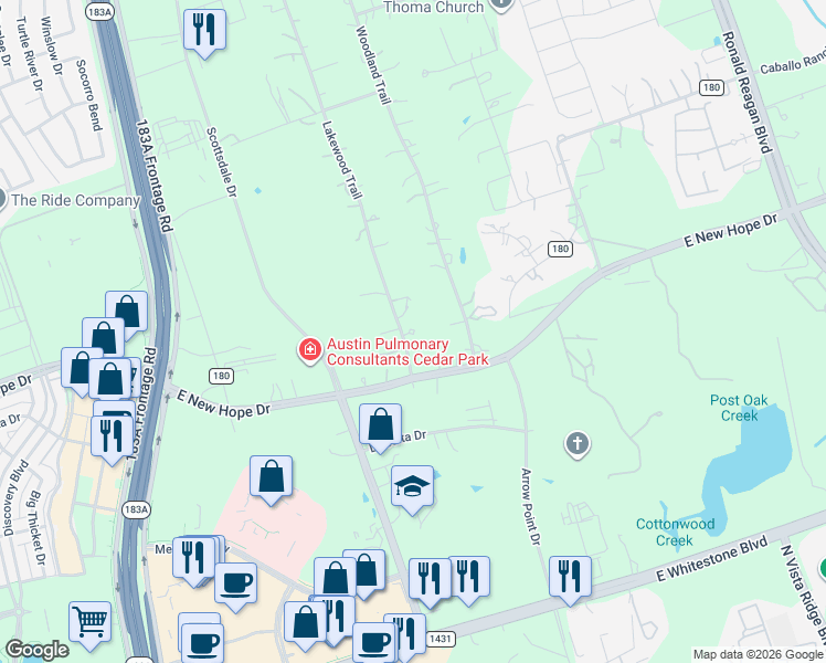 map of restaurants, bars, coffee shops, grocery stores, and more near 104 Lakewood Trail in Leander