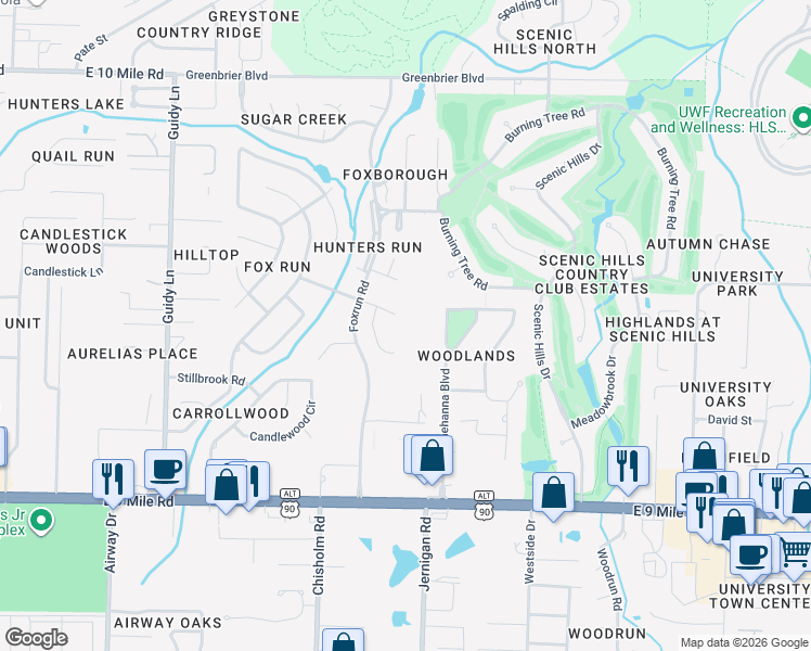 map of restaurants, bars, coffee shops, grocery stores, and more near 1305 Creek Bridge Road in Pensacola