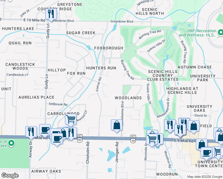map of restaurants, bars, coffee shops, grocery stores, and more near 1305 Creek Bridge Road in Pensacola