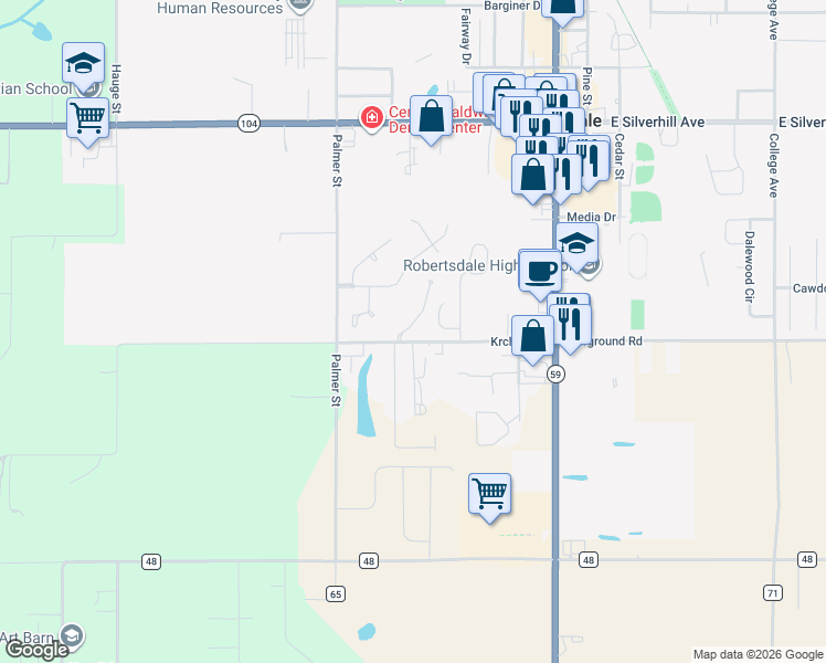 map of restaurants, bars, coffee shops, grocery stores, and more near 21540 Palmer Court in Robertsdale