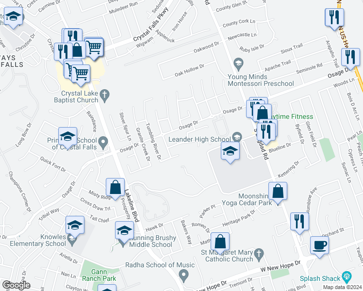 map of restaurants, bars, coffee shops, grocery stores, and more near 1310 Alpine Mountain Drive in Leander