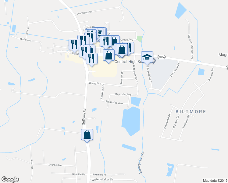 map of restaurants, bars, coffee shops, grocery stores, and more near 14831 Republic Avenue in Baton Rouge