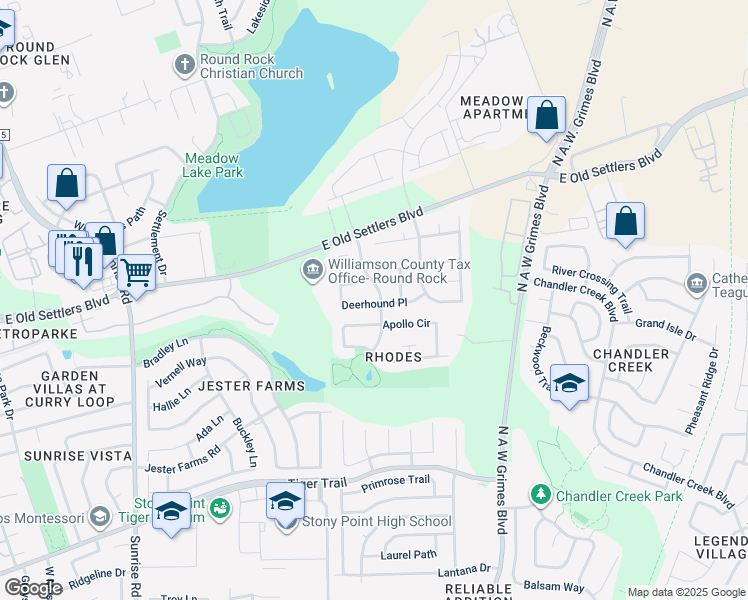 map of restaurants, bars, coffee shops, grocery stores, and more near 1214 Champion Drive in Round Rock