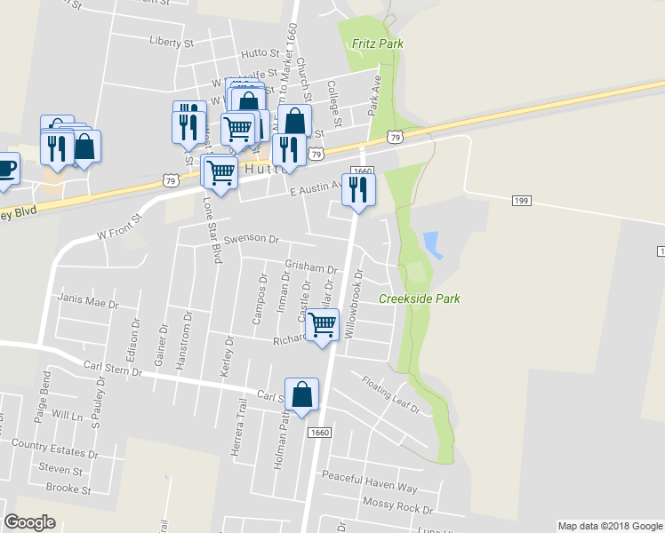 map of restaurants, bars, coffee shops, grocery stores, and more near 100 Grisham Drive in Hutto