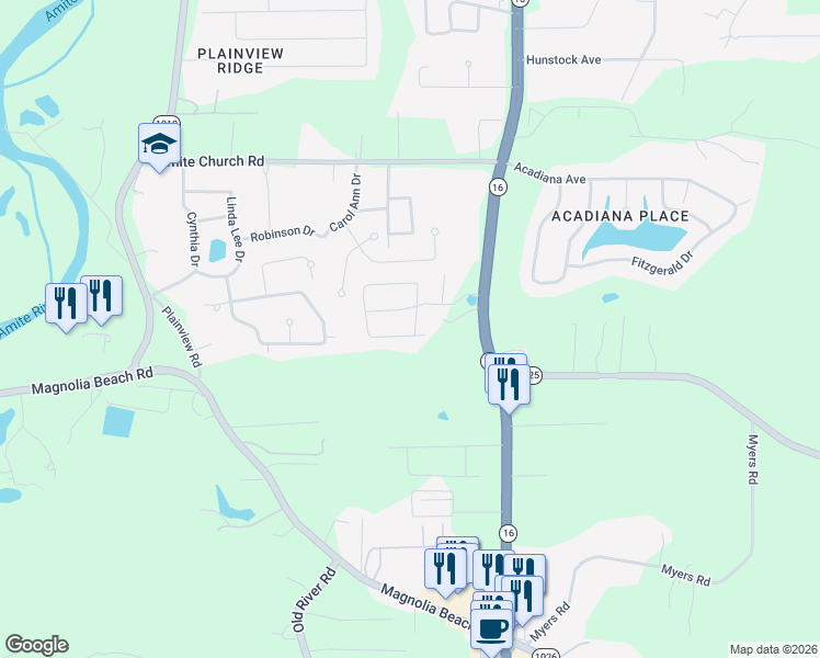 map of restaurants, bars, coffee shops, grocery stores, and more near 7765 Amite Springs Drive in Denham Springs