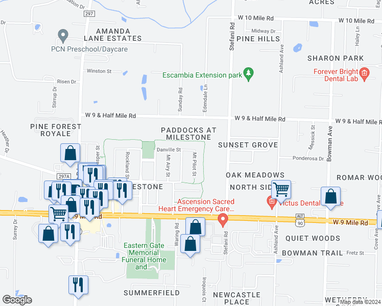 map of restaurants, bars, coffee shops, grocery stores, and more near 105 Mount Pilot Street in Cantonment