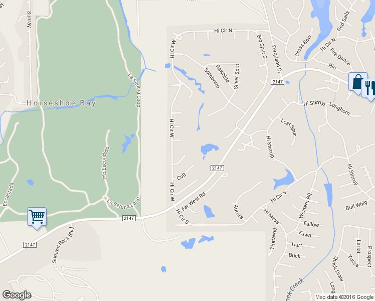 map of restaurants, bars, coffee shops, grocery stores, and more near 114 Winchester in Horseshoe Bay