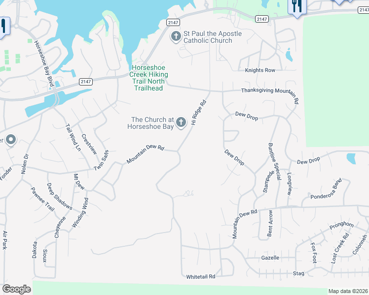 map of restaurants, bars, coffee shops, grocery stores, and more near 620 Hi Ridge Road in Horseshoe Bay