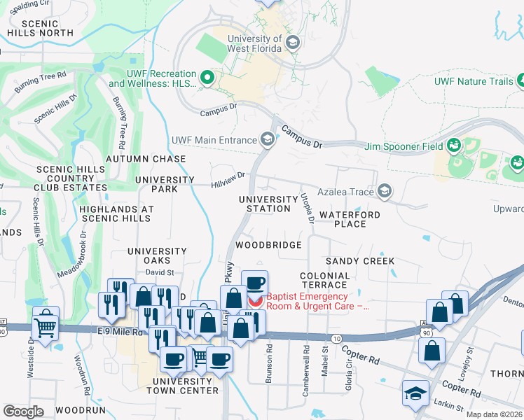 map of restaurants, bars, coffee shops, grocery stores, and more near 2013 Cambridge Circle in Pensacola