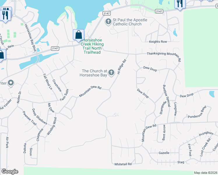 map of restaurants, bars, coffee shops, grocery stores, and more near 620 Hi Ridge Road in Horseshoe Bay