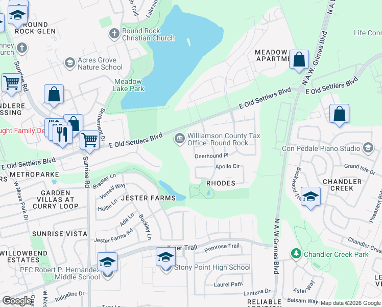 map of restaurants, bars, coffee shops, grocery stores, and more near 1227 Deerhound Place in Round Rock