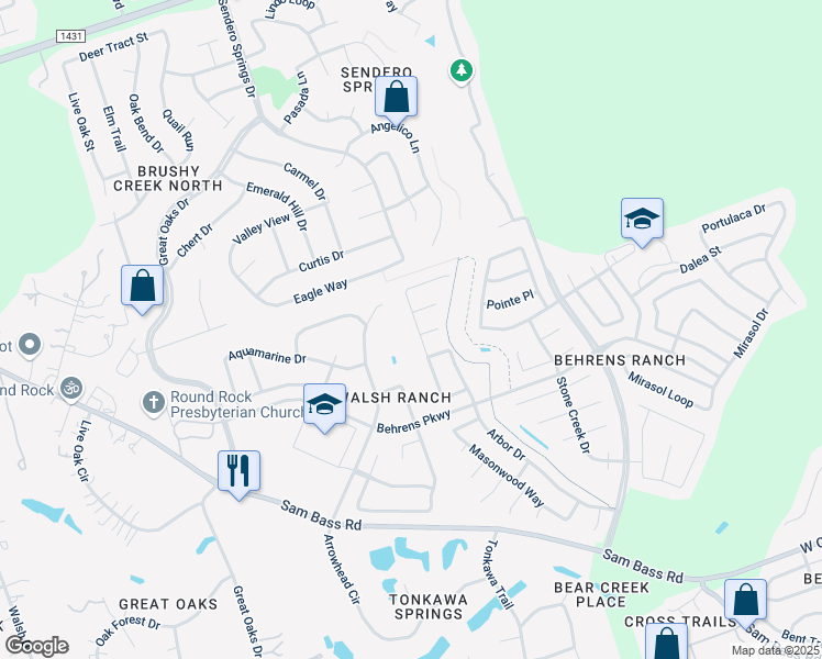 map of restaurants, bars, coffee shops, grocery stores, and more near 3324 Ranch Park Trail in Round Rock