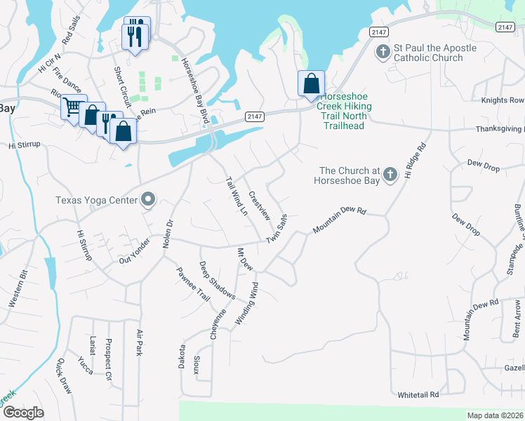 map of restaurants, bars, coffee shops, grocery stores, and more near 303 Crestview in Horseshoe Bay