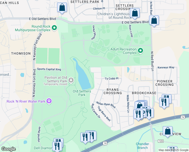 map of restaurants, bars, coffee shops, grocery stores, and more near 1300 Ty Cobb Place in Round Rock