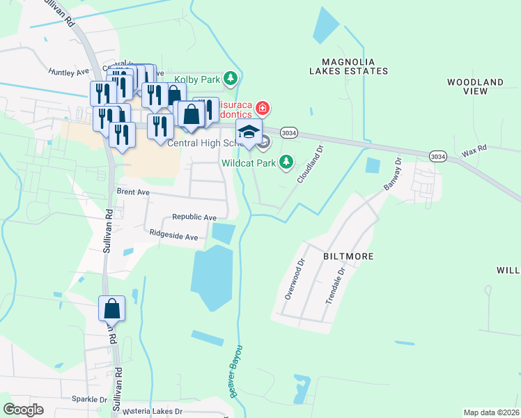 map of restaurants, bars, coffee shops, grocery stores, and more near 15432 Brighton Avenue in Baton Rouge