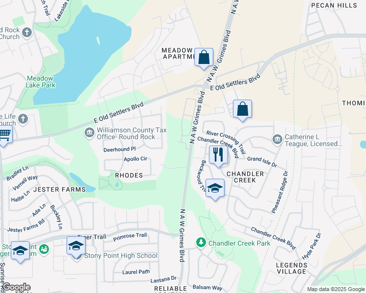 map of restaurants, bars, coffee shops, grocery stores, and more near 2700 North A.W. Grimes Boulevard in Round Rock