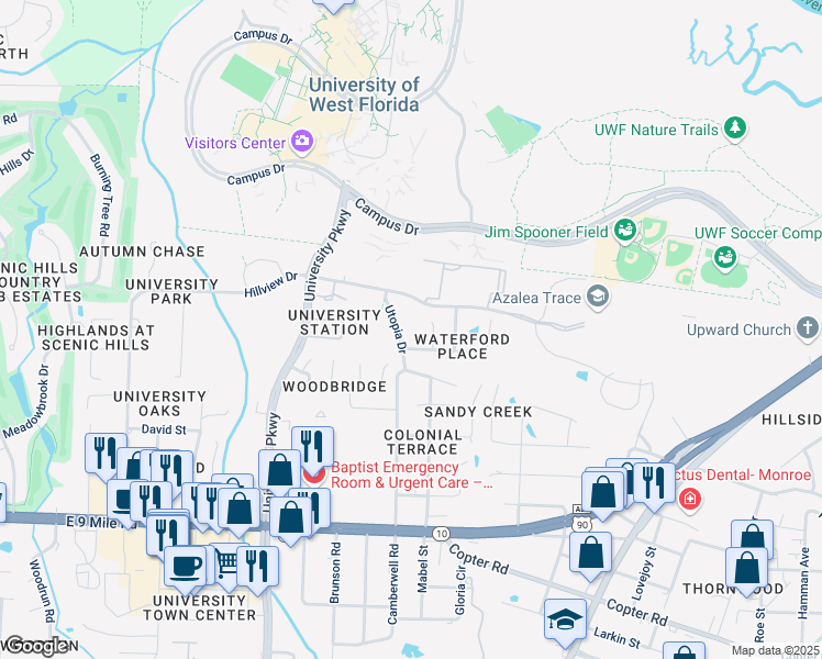 map of restaurants, bars, coffee shops, grocery stores, and more near 9822 Utopia Drive in Pensacola