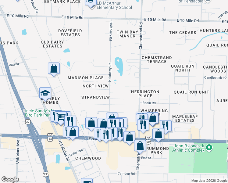 map of restaurants, bars, coffee shops, grocery stores, and more near 623 Saleta Street in Pensacola