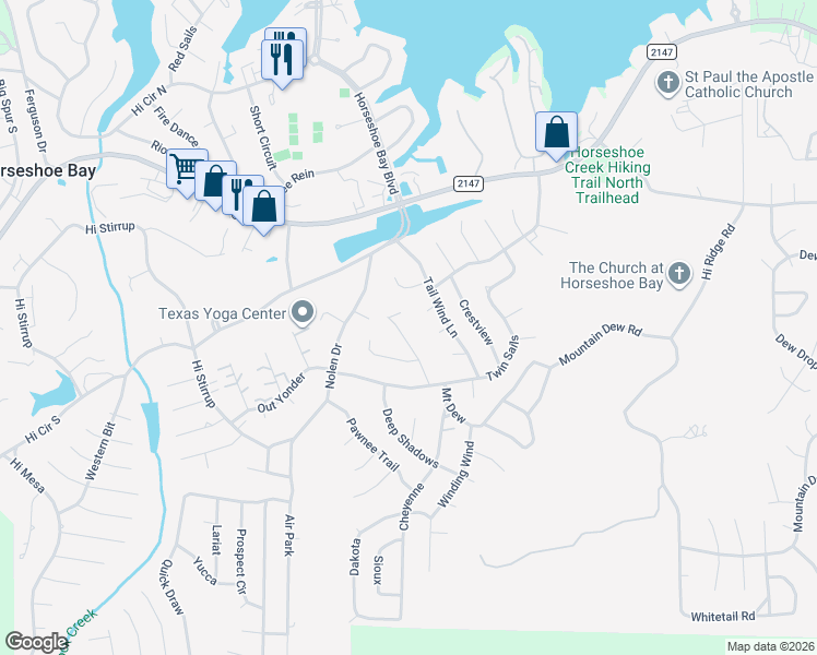 map of restaurants, bars, coffee shops, grocery stores, and more near 107 Sunset in Horseshoe Bay