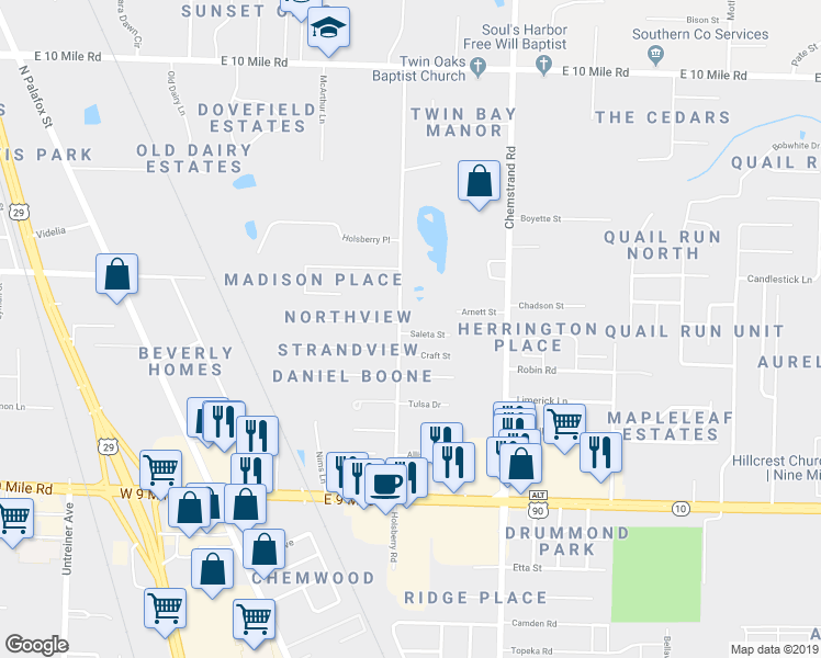 map of restaurants, bars, coffee shops, grocery stores, and more near 604 Saleta Street in Pensacola