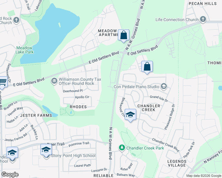 map of restaurants, bars, coffee shops, grocery stores, and more near 2700 A W Grimes Boulevard in Round Rock